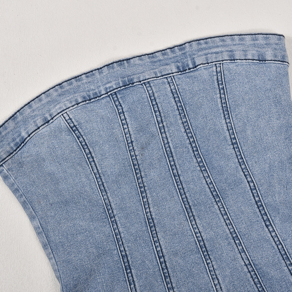 Strapless Denim Panel Seam Raw Hem Bodycon Mini Dress