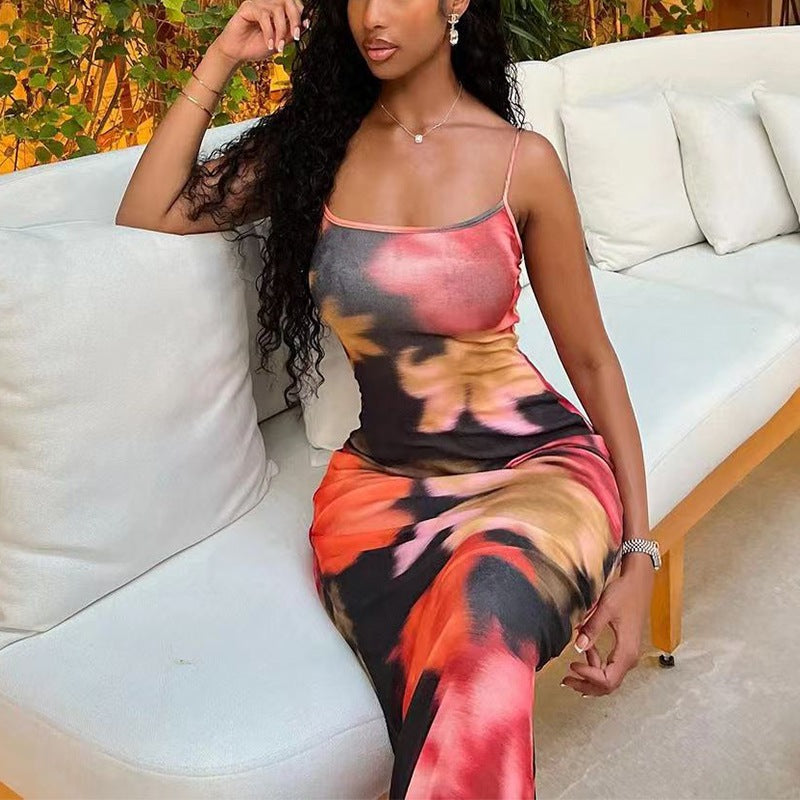 Abstract Watercolor Print Spaghetti Strap Scoop Neck Bodycon Maxi Dress