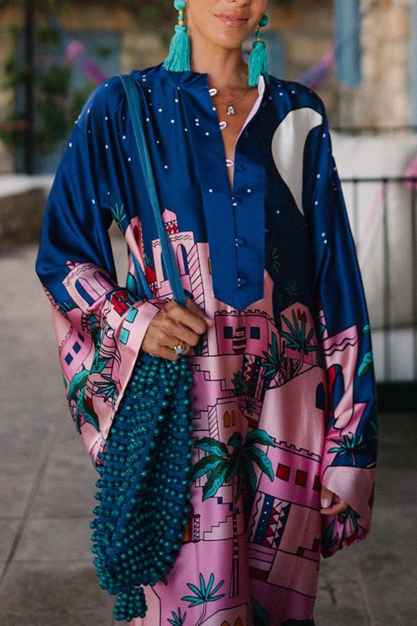 Seaside Stroll Satin Unique Print Button Up Long Sleeve Slit Kaftan Midi Dress