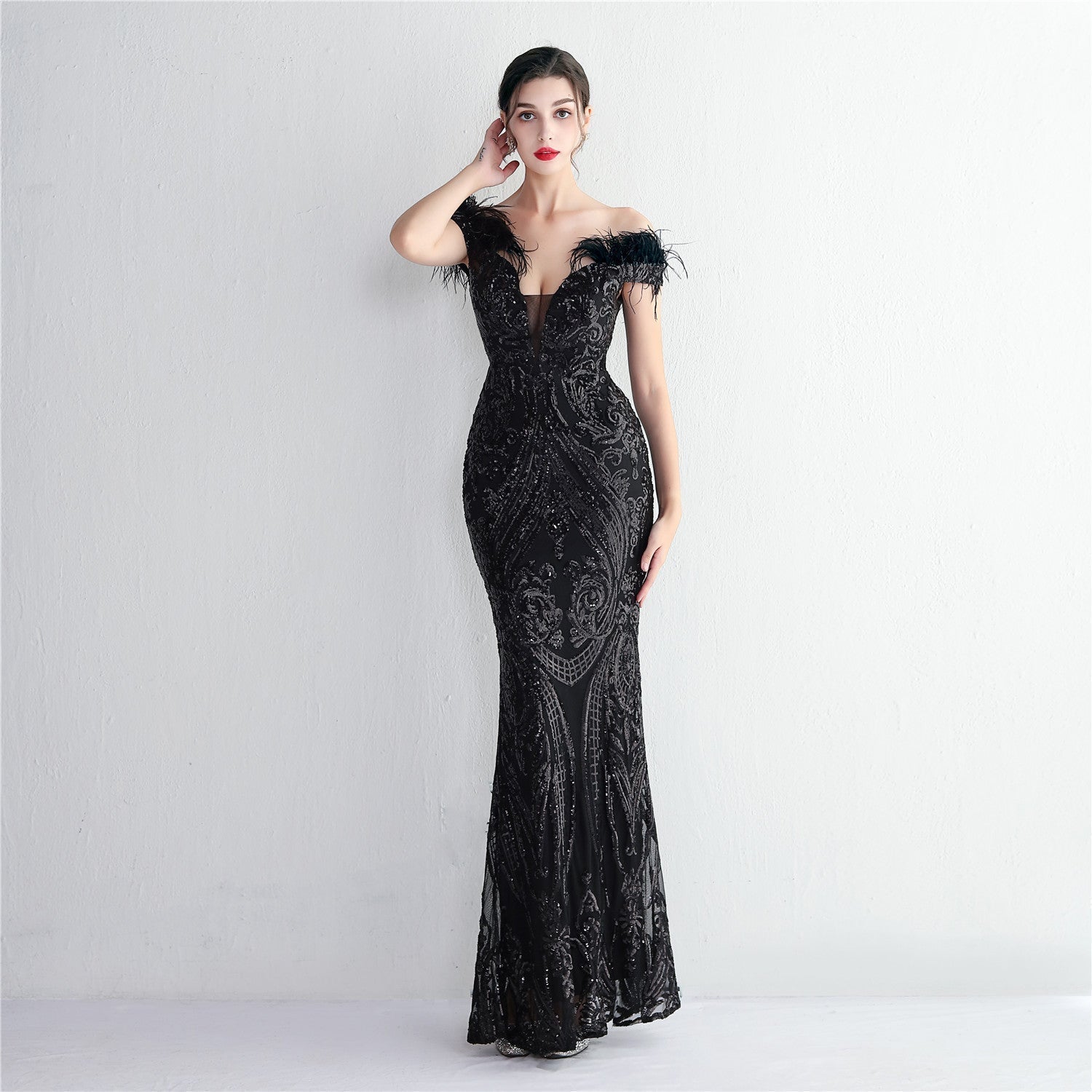 Baroque Sequin Embroidery Feather Cap Sleeve Plunge Mesh Panel Mermaid Gown