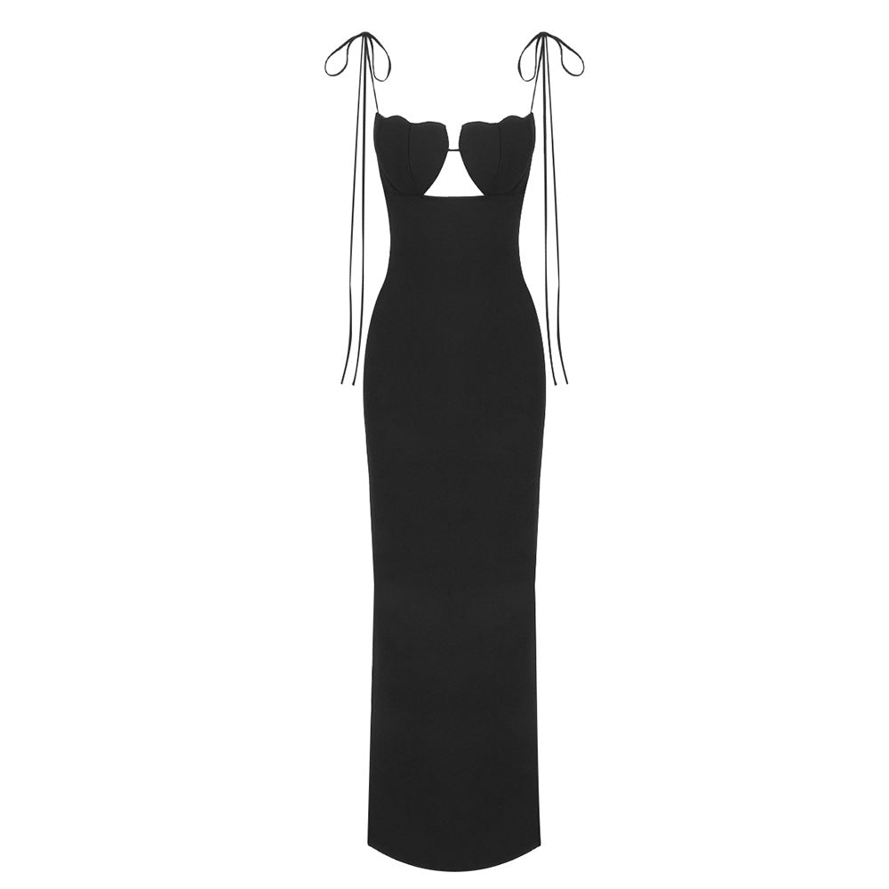 Satin Shell Cup Cutout Spaghetti Strap Column Maxi Gown