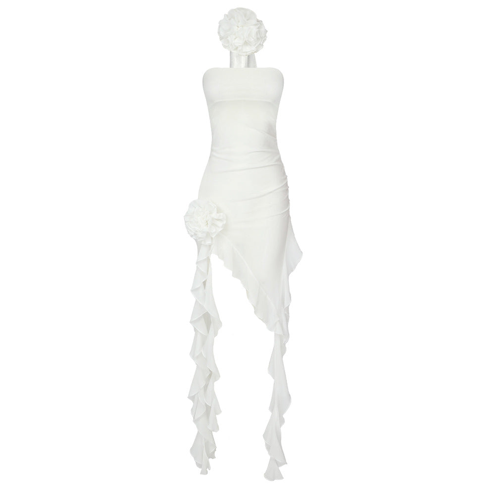 3D Rosette Strapless Ruched Cascading Ruffle Waterfall Hem Bodycon Mini Dress
