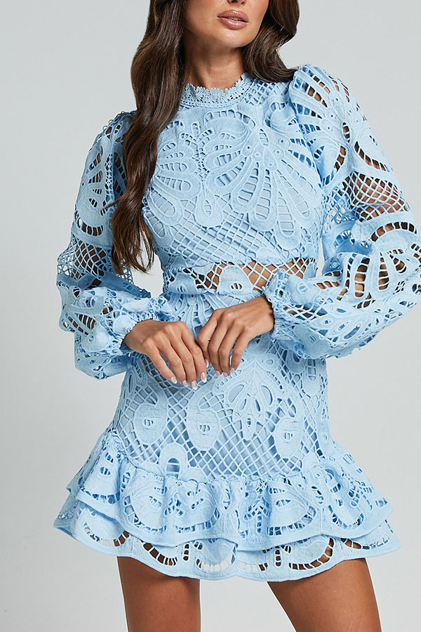 Solid Color Hollow Long-sleeved Waisted Lace Mini Dress
