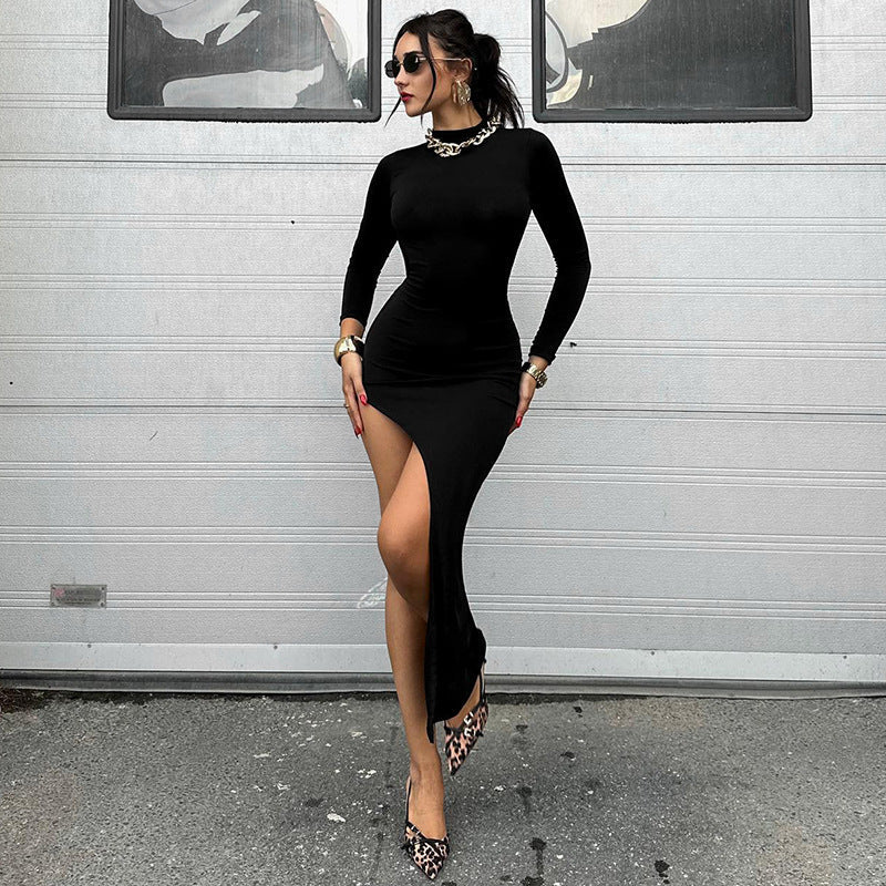 Mock Neck Long Sleeve High Slit Bodycon Maxi Dress