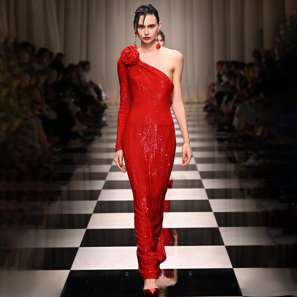 One-Shoulder Long Sleeve Oversized Rosette Applique Sequin Column Maxi Gown