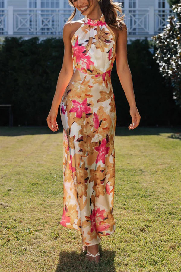 Happier Now Satin Floral Halter Maxi Dress