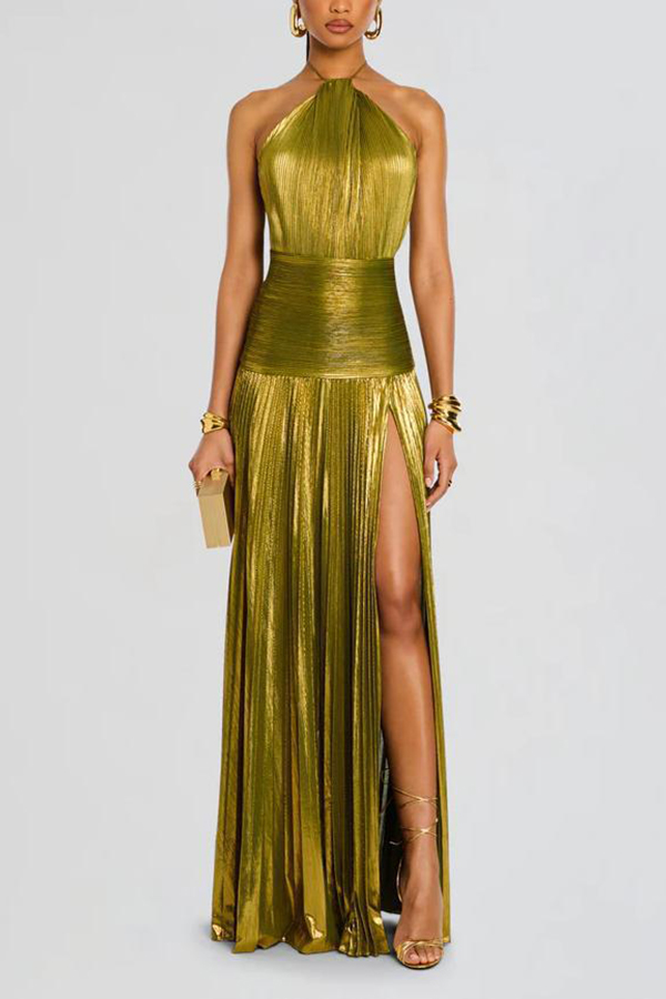 Glamorous Metallic Pleated Fabric Open Back Halter Slit Maxi Dress
