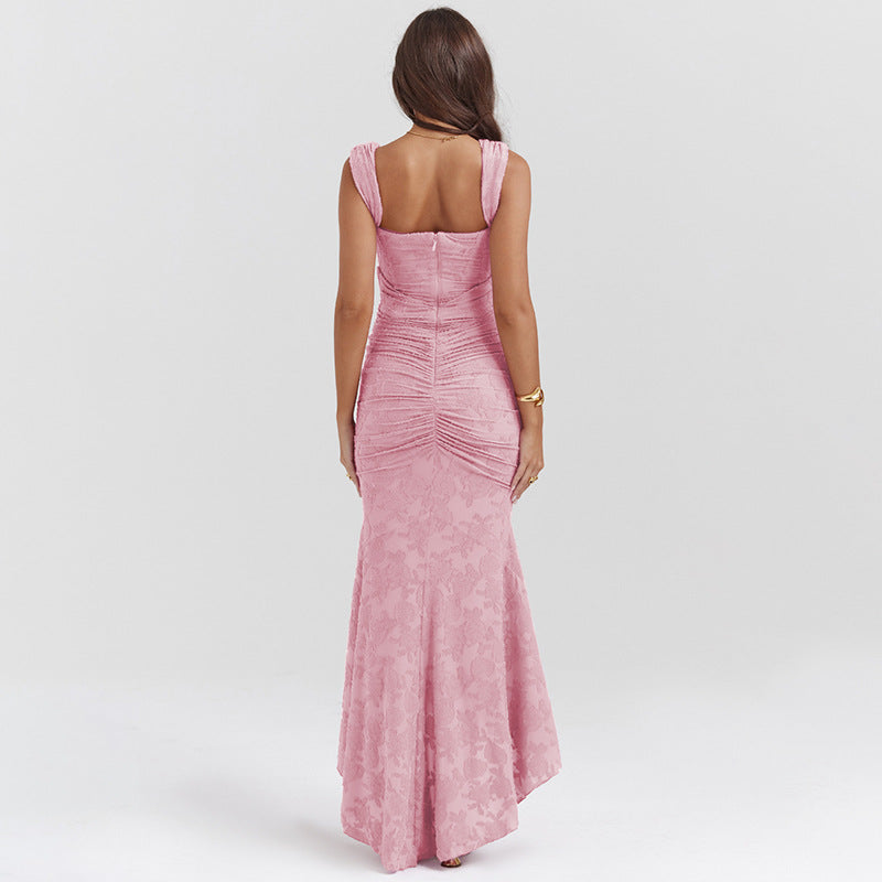Jacquard Off Shoulder Corset Ruched Mermaid High Low Maxi Gown