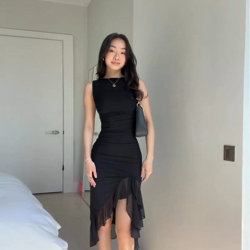 Ruched Mesh Sleeveless Crew Neck Asymmetrical Ruffle Hem Midi Dress