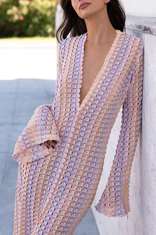 Eleanor Knit Colorful Wave Unique Print Shirt U-neck Long Sleeve Slit Maxi Dress