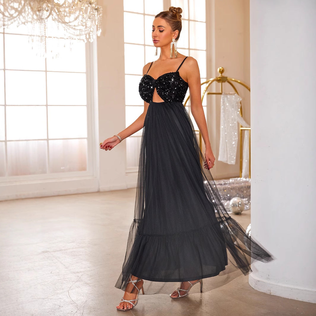 Sequin Bow Bodice Cutout Spaghetti Strap Empire Waist Tiered Tulle Maxi Gown