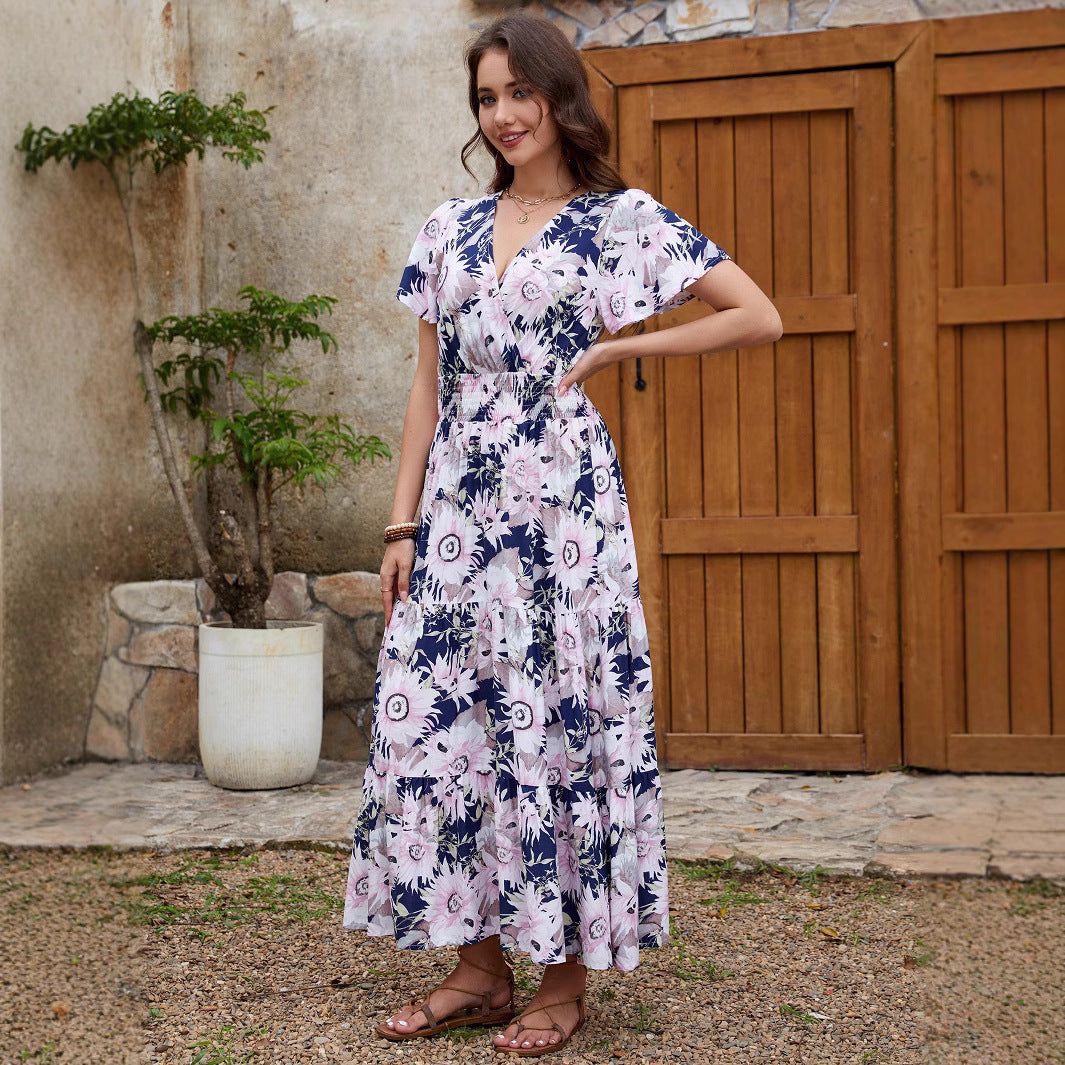 Large Floral Print Wrap V-Neck Smocked Waist Flutter Sleeve Tiered Maxi Dress
