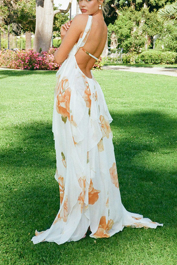 Mariah Floral Print Starfish Brooch Inverted Halter Neck Slit Ruffles Maxi Dress
