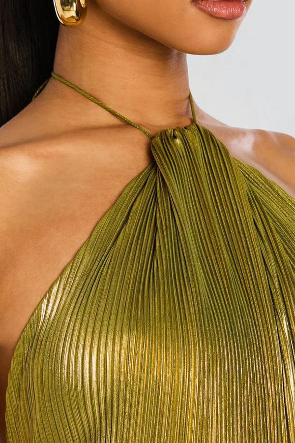 Glamorous Metallic Pleated Fabric Open Back Halter Slit Maxi Dress
