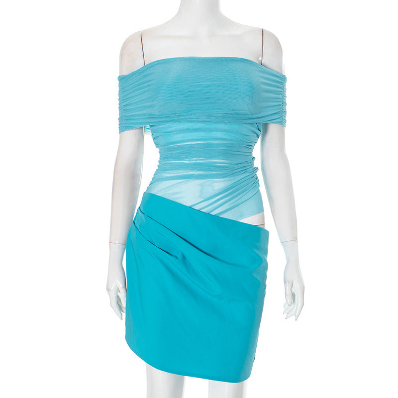 Off Shoulder Ruched Band Mesh Insert Asymmetrical Wrap Drape Bodycon Mini Dress