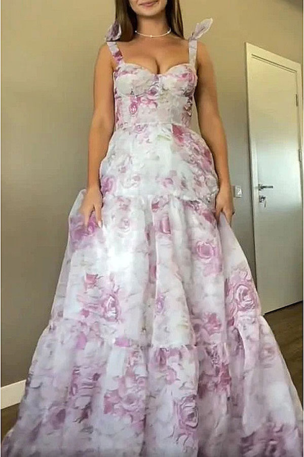 Fairytale Itself Organza Floral Print Tie Strap Maxi Dress