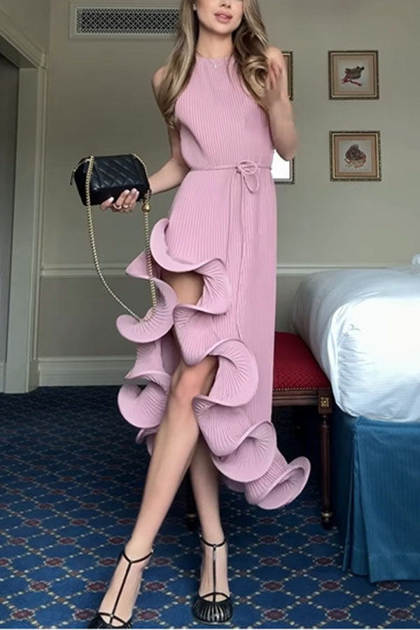 Solid Color Sleeveless Waist Tie Irregular Ruffle Slim Midi Dress