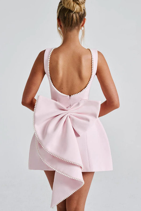 Stylish Pearl-embellished Large Bow Slim-fit Mini Dress