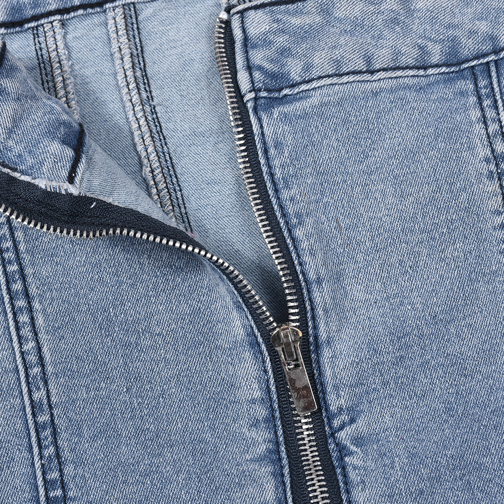 Strapless Denim Panel Seam Raw Hem Bodycon Mini Dress