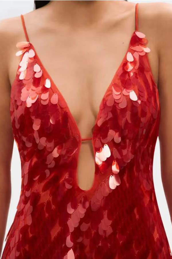 Reshape Beauty Fish Scale Sequin Cutout U-neck Slip Maxi Dress