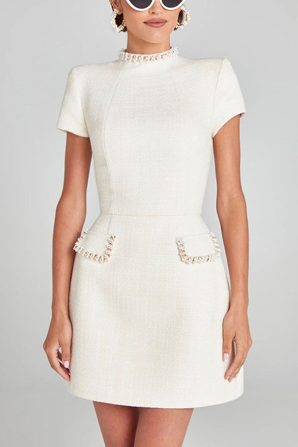 Exquisite and Playful Tweed Fabric Pearl Trim Short Sleeve Pocketed Mini Dress