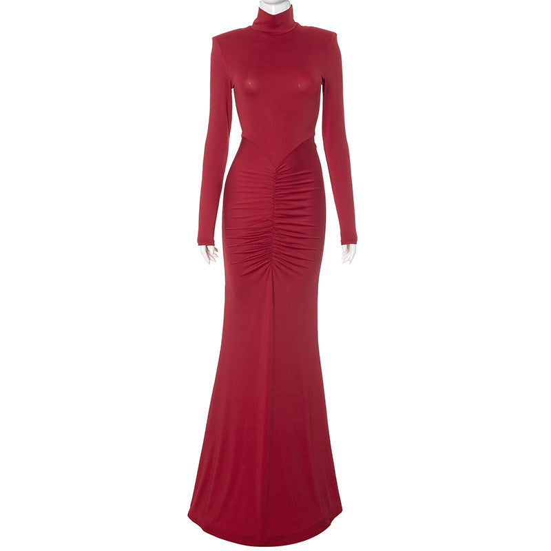 Mock Neck Padded Shoulder Ruched Mermaid Maxi Dress
