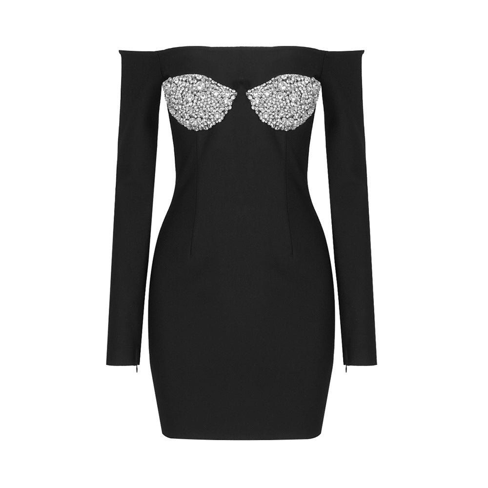 Off the Shoulder Long Sleeve Rhinestone Cup Patch Bandage Mini Dress