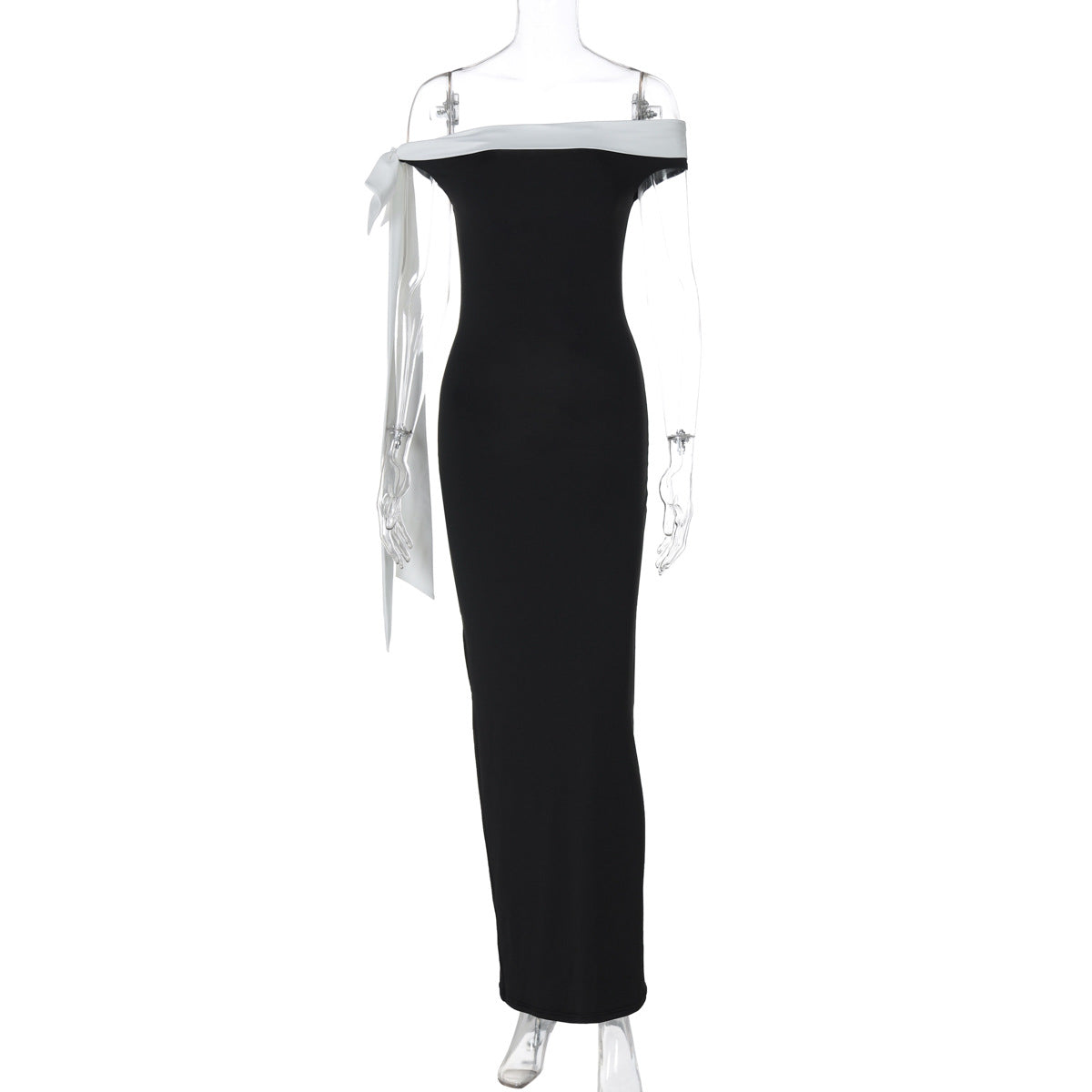 Off-Shoulder Contrast Band Oversized Bow Shoulder Ribbon Bodycon Maxi Dress