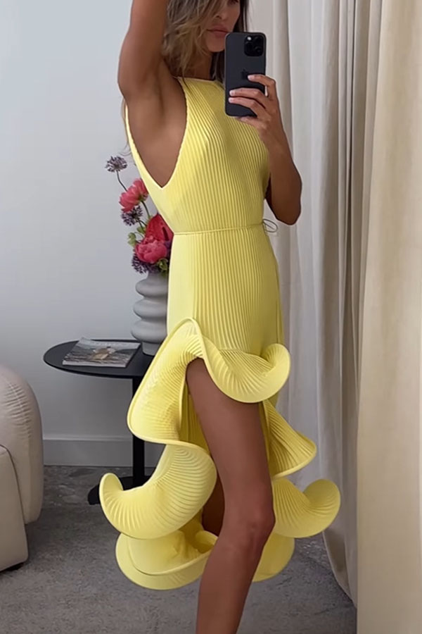 Solid Color Sleeveless Waist Tie Irregular Ruffle Slim Midi Dress