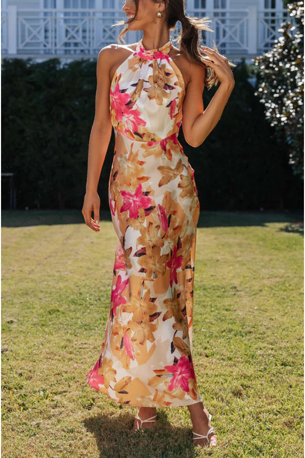 Happier Now Satin Floral Halter Maxi Dress