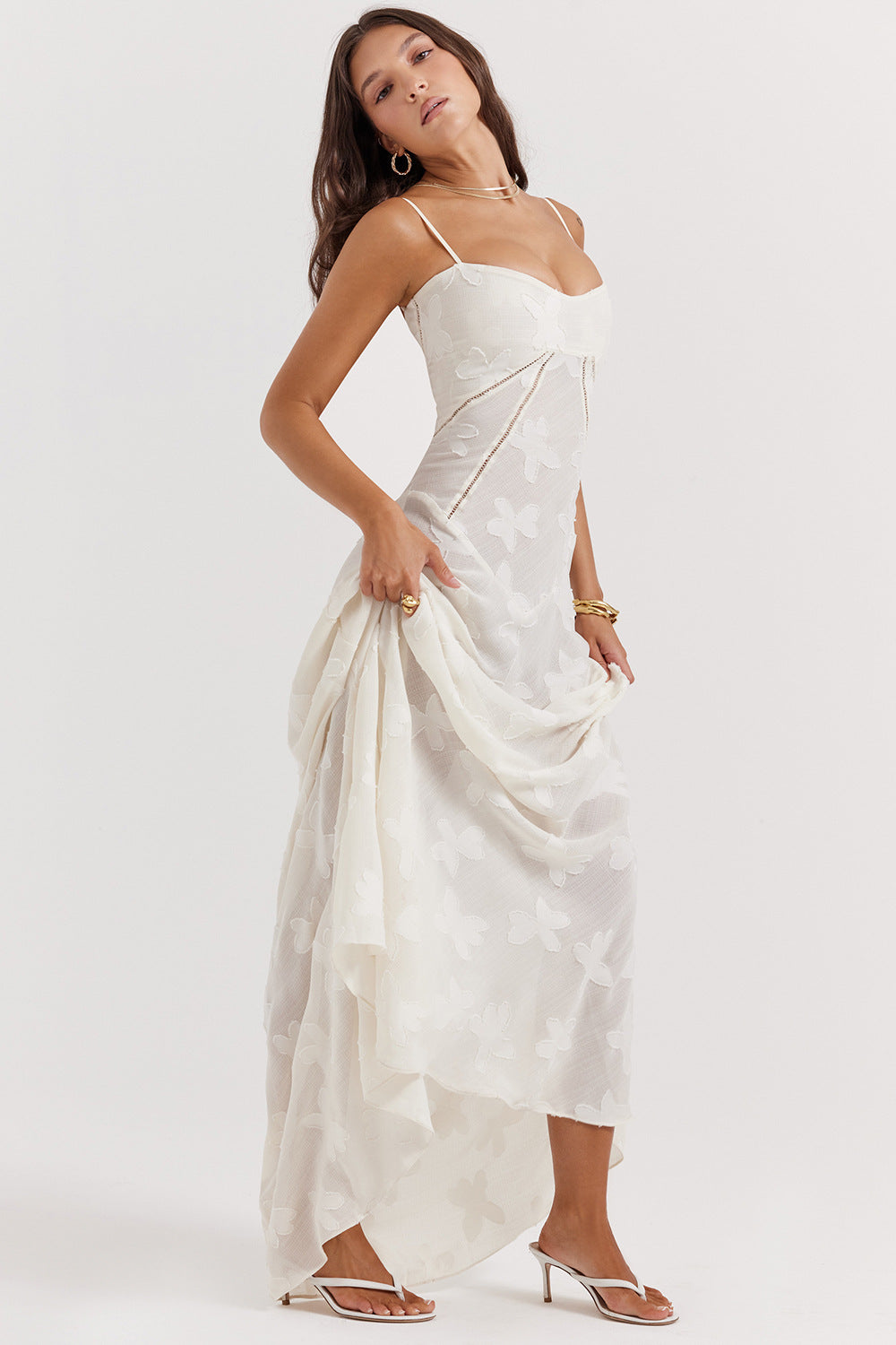 Floral Jacquard Corset Bodice Spaghetti Strap Lace-Up Back Floor-Length Gown