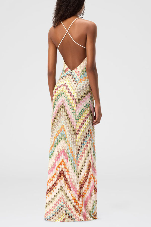 Missoni Summer Knit Colorful Herringbone Print Open Beck Maxi Dress