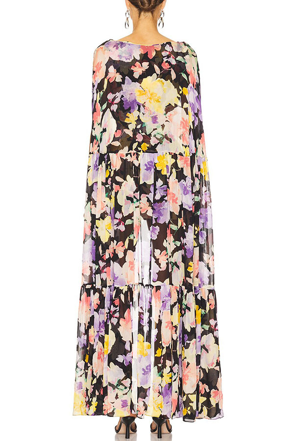 Garden Party Contrast Floral Print High Low Cape Maxi Dress