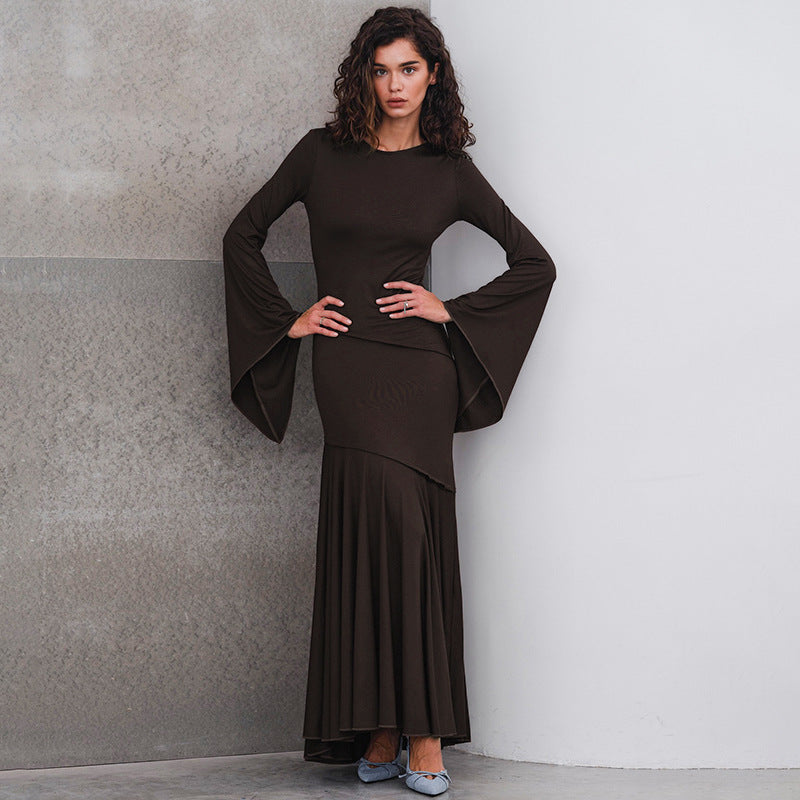 Crew Neck Bell Sleeve Diagonal Seam Trumpet Maxi Dress