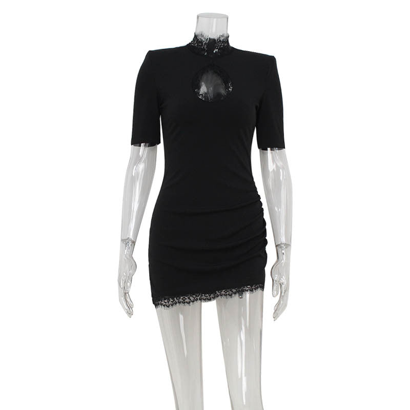 Lace Collar Keyhole Cut Out Short Sleeve Ruched Mini Dress