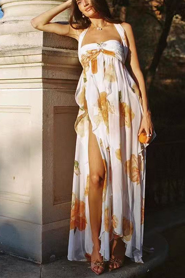 Mariah Floral Print Starfish Brooch Inverted Halter Neck Slit Ruffles Maxi Dress