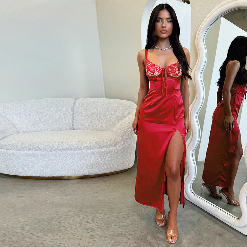 Lace Panel Bustier Spaghetti Strap High Slit Satin Maxi Dress