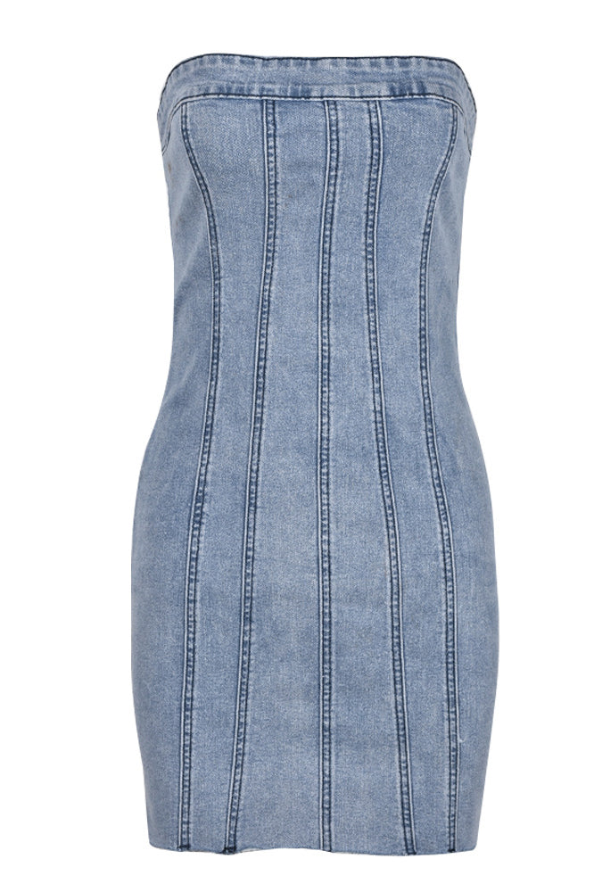 Strapless Denim Panel Seam Raw Hem Bodycon Mini Dress