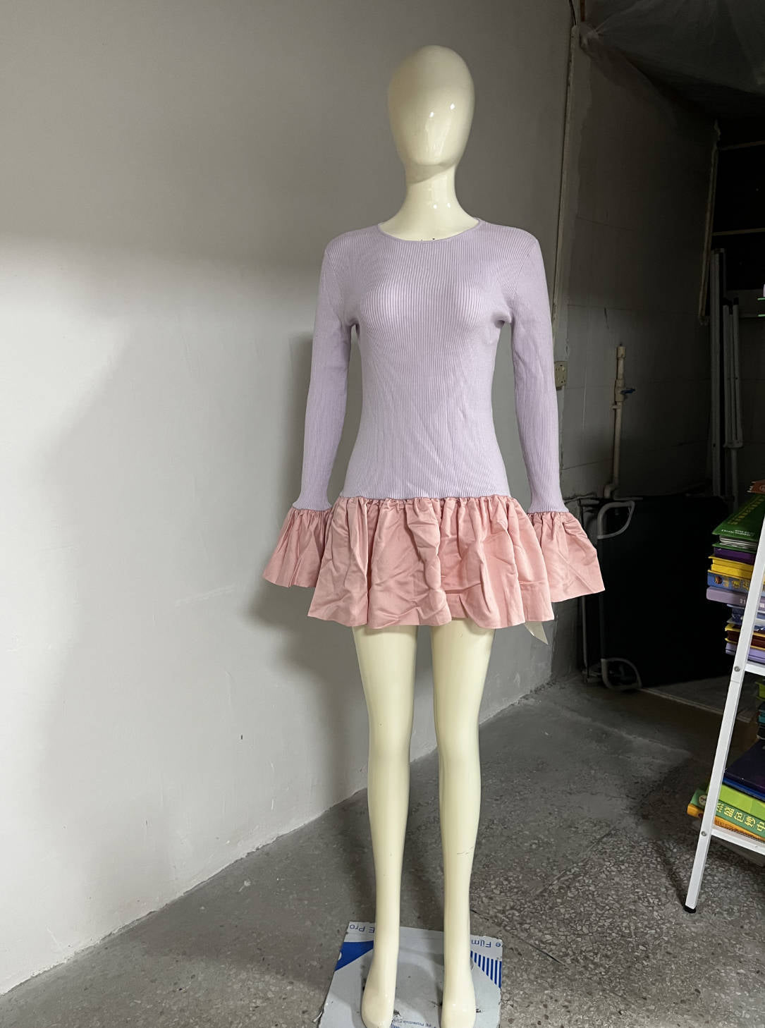 Crew Neck Rib Knit Long Sleeve Flared Ruffle Cuff Tiered Hem Mini Dress