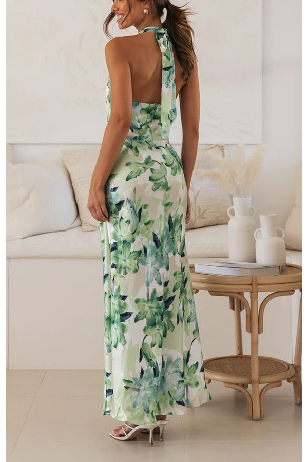 Happier Now Satin Floral Halter Maxi Dress