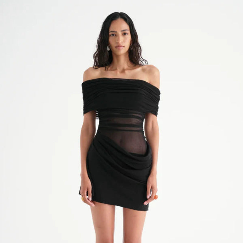 Off Shoulder Ruched Band Mesh Insert Asymmetrical Wrap Drape Bodycon Mini Dress