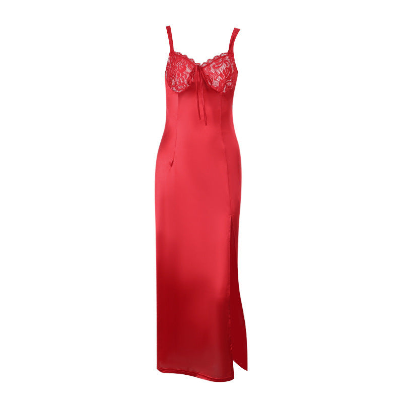 Lace Panel Bustier Spaghetti Strap High Slit Satin Maxi Dress