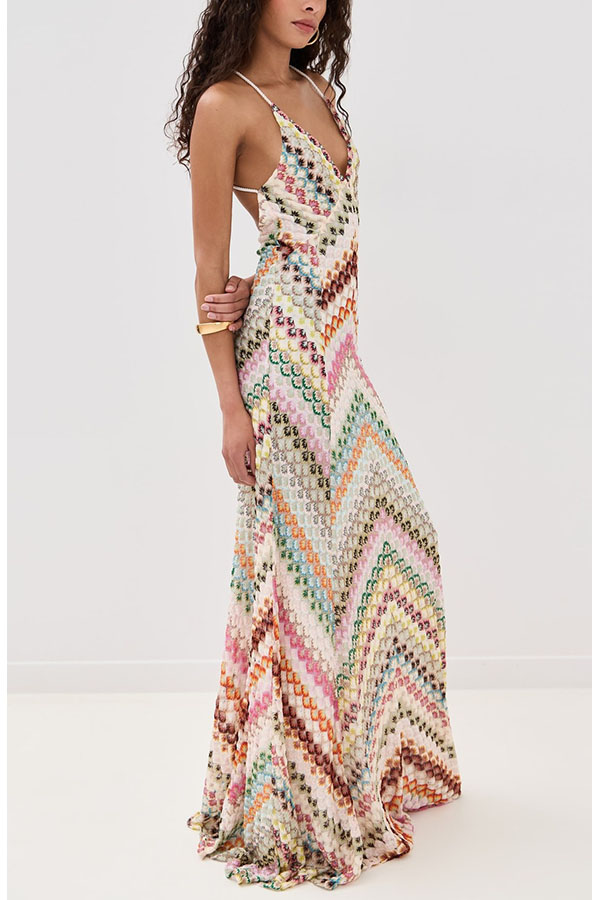 Missoni Summer Knit Colorful Herringbone Print Open Beck Maxi Dress