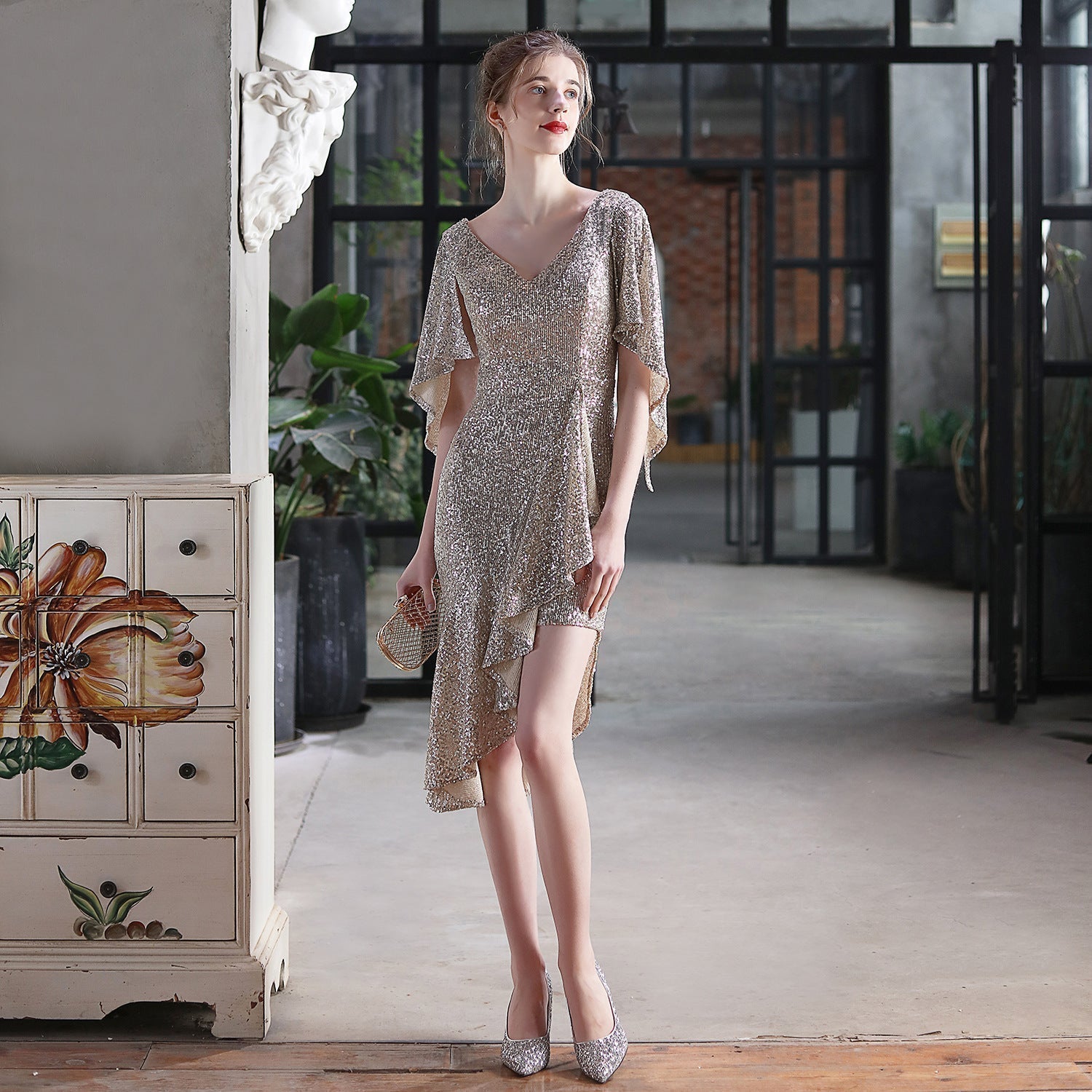 Sequin Deep V-Neck Flutter Cap Sleeve Asymmetrical Draped Wrap Mini Dress