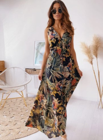 Tropical Print Deep V-Neck Tank Strap Tie Belt Maxi Dress