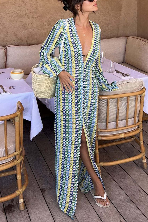 Eleanor Knit Colorful Wave Unique Print Shirt U-neck Long Sleeve Slit Maxi Dress