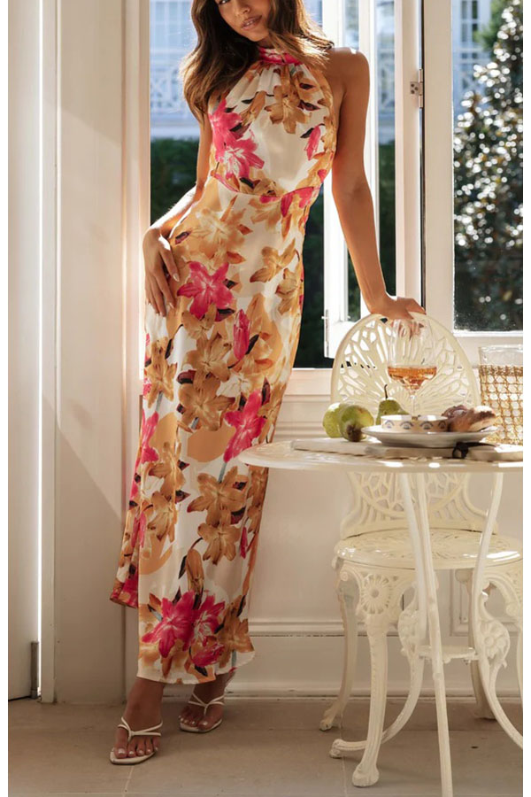 Happier Now Satin Floral Halter Maxi Dress