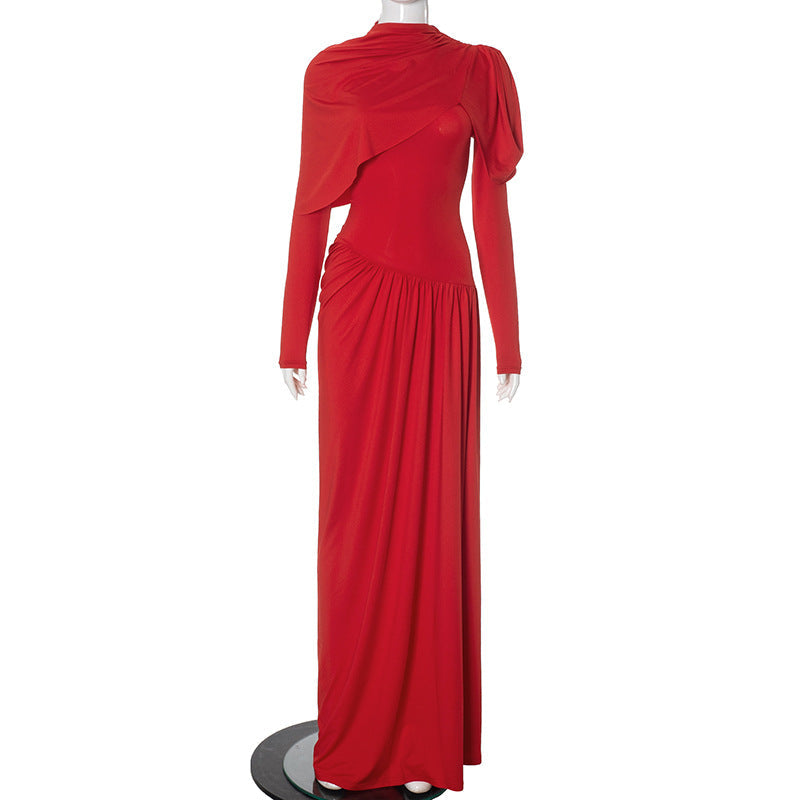 Draped Mock Neck Ruched Asymmetric Shoulder Cascade Pleat Maxi Gown