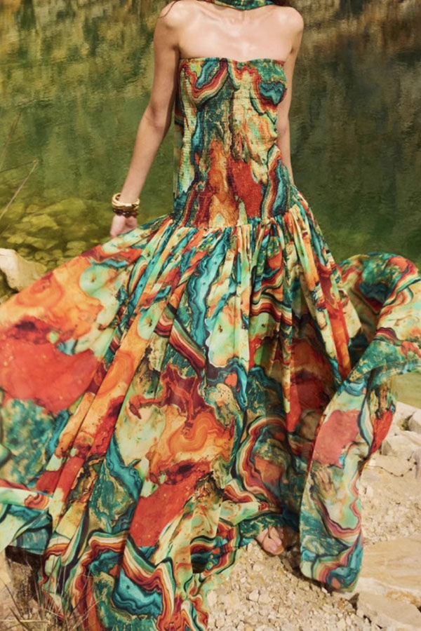 Vacay Vibes Colorful Lava Print Off Shoulder Smocked Scarf Maxi Dress