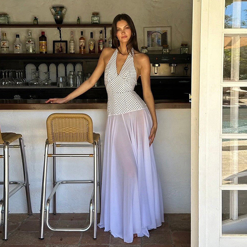 Polka Dot Print Halter Deep V-Neck Sheer Tiered Maxi Dress